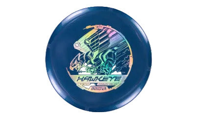Blue disc with colorful hawk design on a transparent background