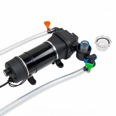 Black water pump system with hoses on a white background