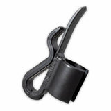 Black plastic clip for a bucket on a white background