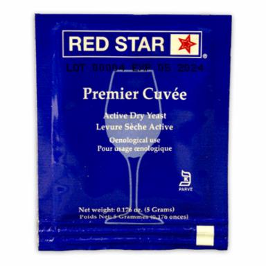 Blue package of Red Star Premier Cuvee yeast on a white background