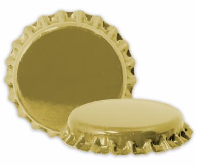 Gold bottle crown caps on a white background