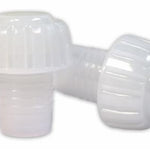 Two white plastic Champagne corks on a white background