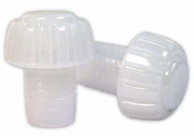Two white plastic Champagne corks on a white background