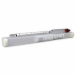 Glass hydrometer sitting on its box with a white background