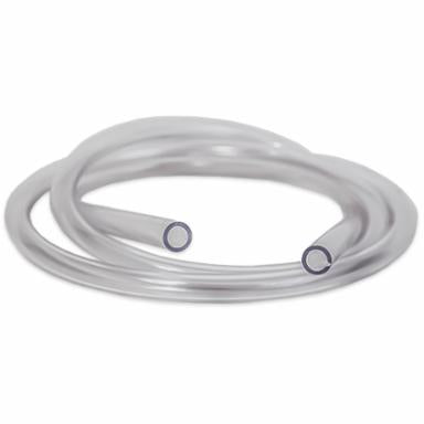 Clear vinyl siphon tubing coiled up on a white background