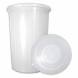 White plastic bufcket with a matching lid on a white background