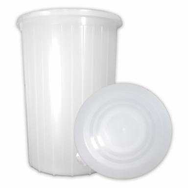 White plastic bufcket with a matching lid on a white background
