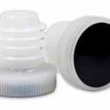 Two white plastic bottle stoppers on a white background