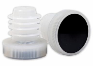Two white plastic bottle stoppers on a white background