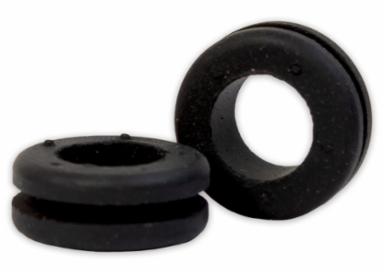 Two black rubber grommets on a white background