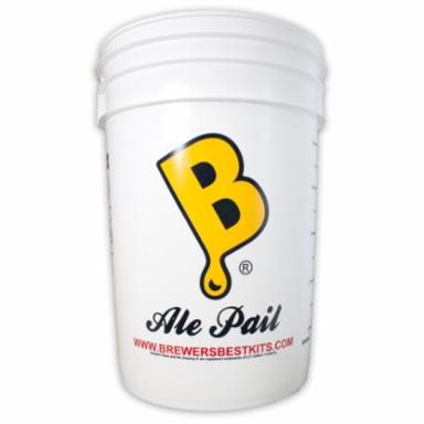 White bucket with a yellow 'B' logo on a white background