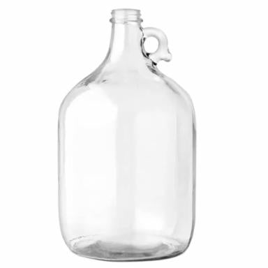 Clear one gallon glass carboy on a white background