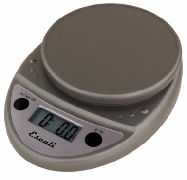 Digital kitchen scale with a gray platform and digital display on a white background