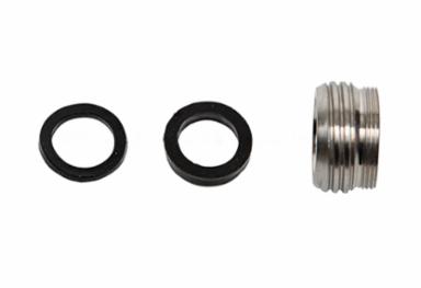 Set of metal washer, O-ring, and metal fitting on a white background