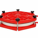 Red plastic filter with a hexagonal base and circular top on a white background
