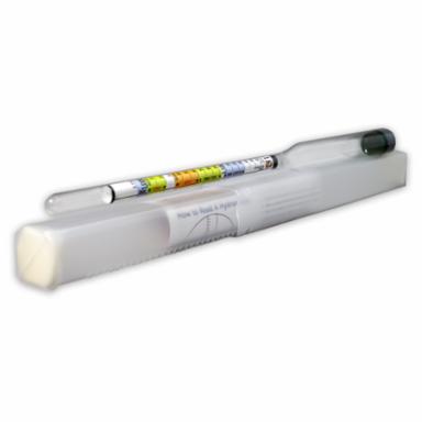 Glass hydrometer with a multicolored label on a white box with a back ground of white