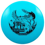 Blue disc golf disc with a  flying leopard logo on a transparent background