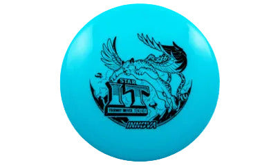 Blue disc golf disc with a  flying leopard logo on a transparent background