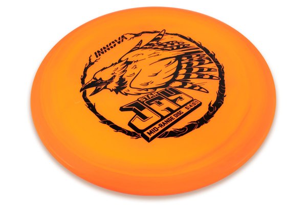 Orange "Jay" disc with black image of a bird with branding on a white background
