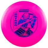 Pink disc golf disc with "Katana" branding and a picture of a Samurai on a transparent background