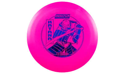 Pink disc golf disc with "Katana" branding and a picture of a Samurai on a transparent background