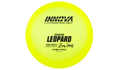 Yellow disc golf disc with Innova and Leopard branding on a transparent background
