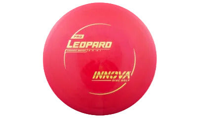 Red disc golf disc with 'Leopard' and 'Innova' branding on a transparent background