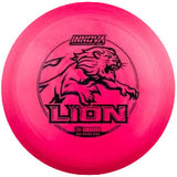Pink disc golf disc with a black lion logo on a transparent background
