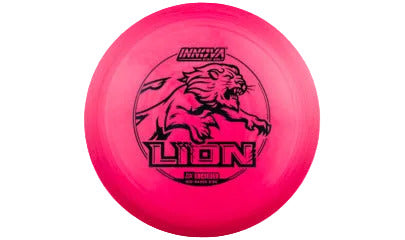 Pink disc golf disc with a black lion logo on a transparent background