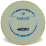 Innova mako3 disc golf disc with branding in blue ink in a circular pattern on a white background.