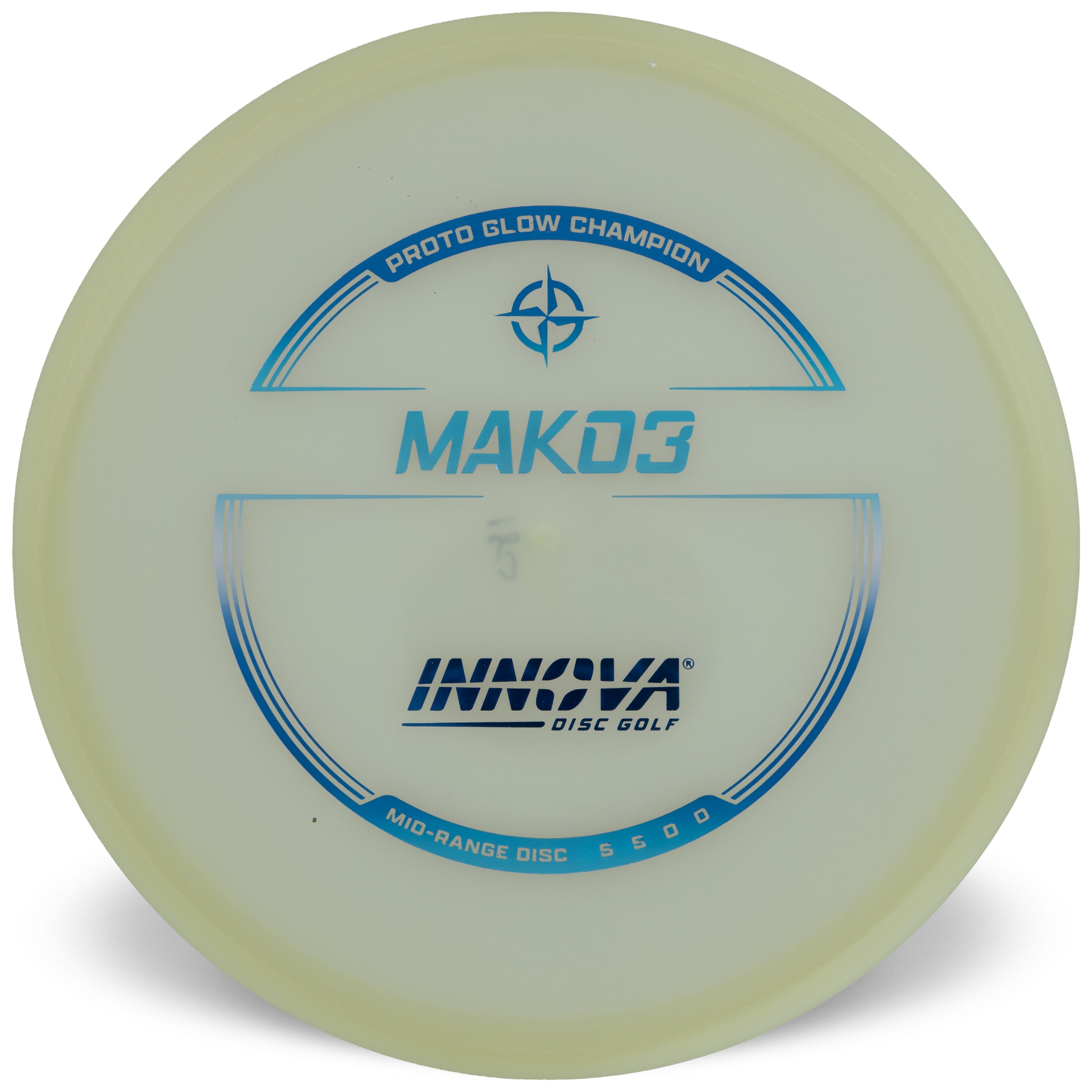 Innova mako3 disc golf disc with branding in blue ink in a circular pattern on a white background.