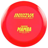 Red disc golf disc with Innova and Champion Mamba branding on a transparent background