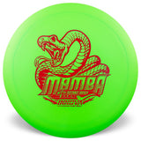 Green disc golf disc with red snake design and 'Mamba' branding on a white background