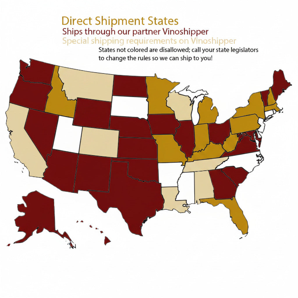 Map of the United States showing direct shipment states for a wine shipping service.