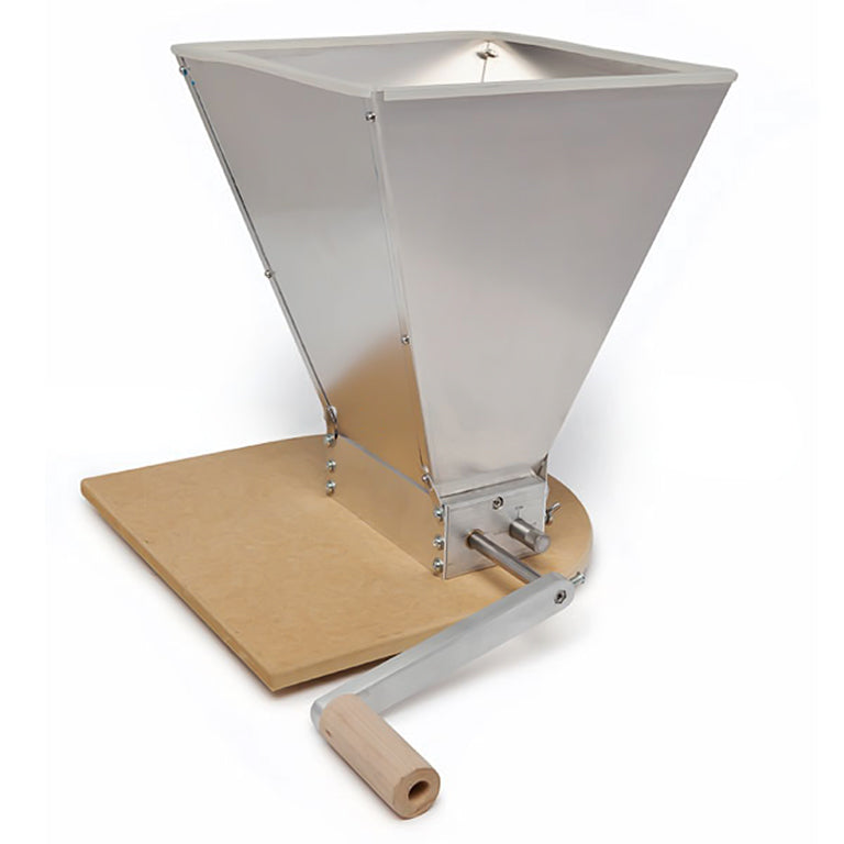 conical tool with handle on a rotating axle with a wood platform on a white background