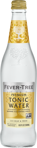 Fever-Tree tonic water bottle with gold cap and label on a white background
