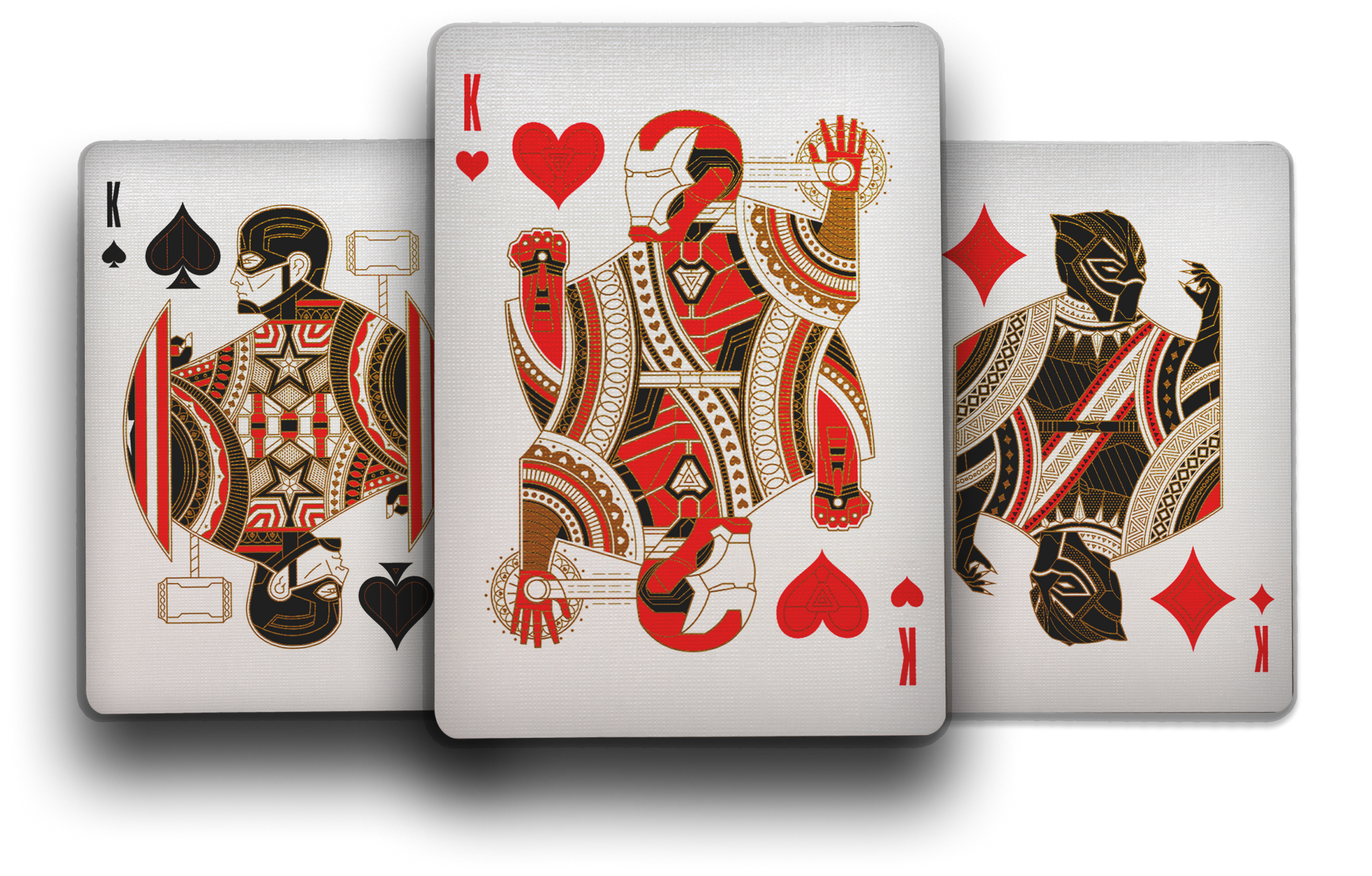 Three playing cards with decorative suits with Marvel avengers on a white background