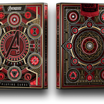 Two Marvel Avengers playing card decks with intricate designs on a white background