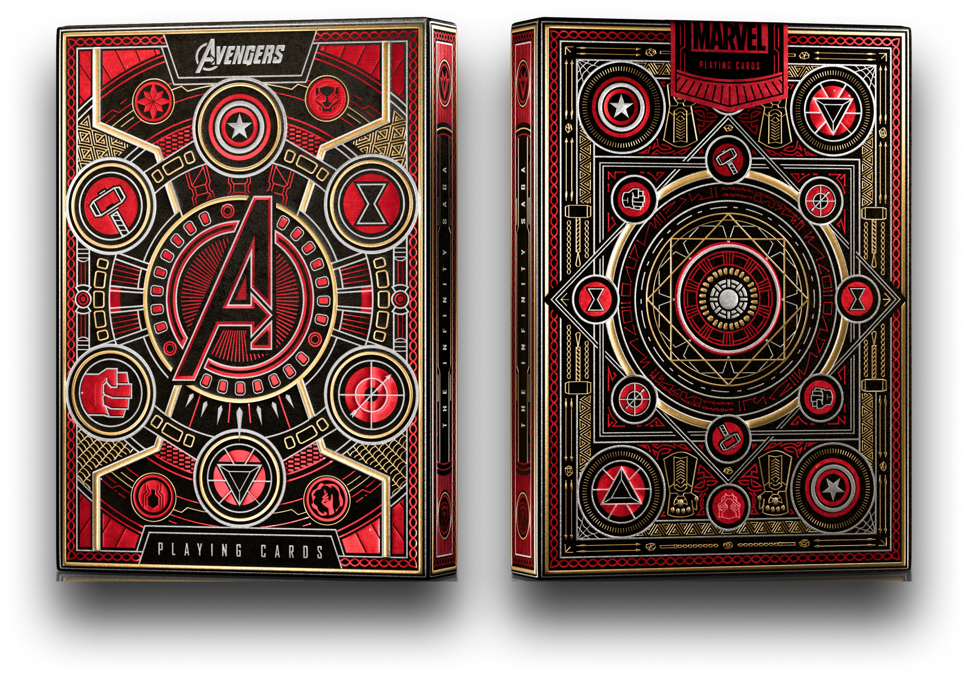 Two Marvel Avengers playing card decks with intricate designs on a white background