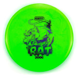 Green disc with black graphics and “rat” text on a white background