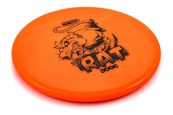 Orange disc with black graphics and “rat” text on a white background