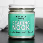 Jar with a teal label reading 'Reading Nook' on a neutral background