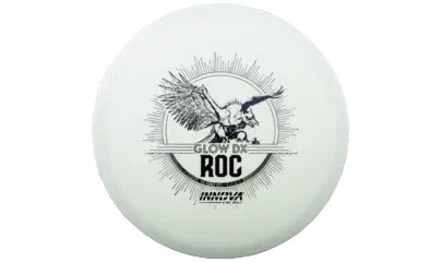 Disc golf disc with 'Glow ROC' branding on a transparent background
