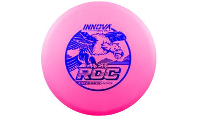 Pink disc golf disc with blue branding on a transparent background