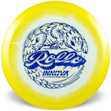 Yellow disc golf disc with blue and white design on a white background