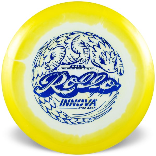 Yellow disc golf disc with blue and white design on a white background