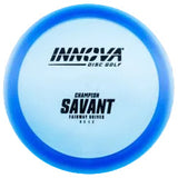 Blue disc golf disc with 'Innova Disc Golf' branding on a transparent background