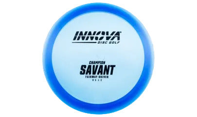 Blue disc golf disc with 'Innova Disc Golf' branding on a transparent background
