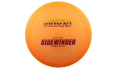 Orange sidewinder disc golf disc with 'innova' branding on a transparent background