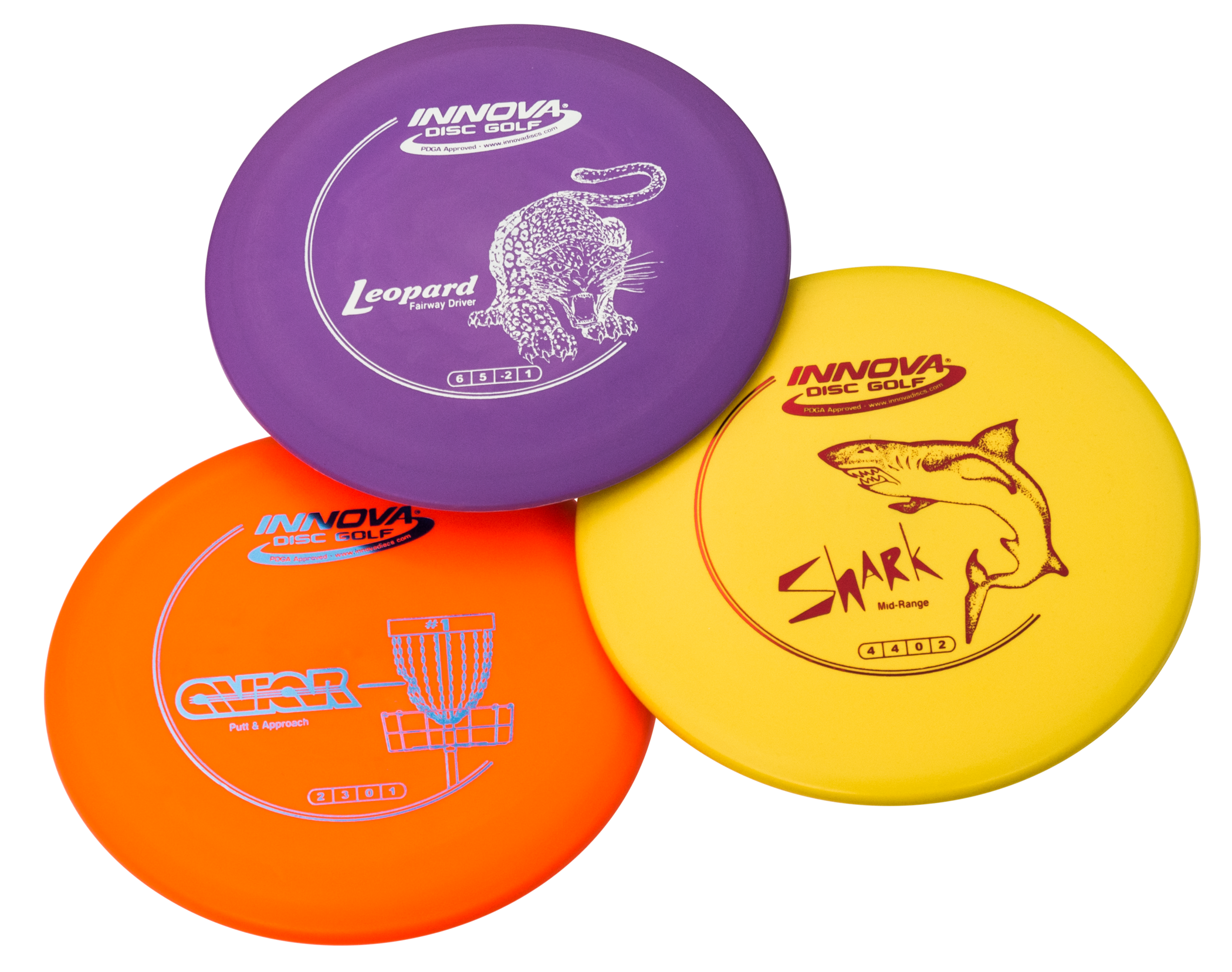 Three disc golf discs with different designs and colors on a white background